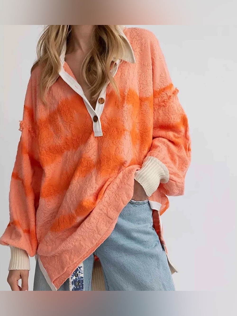 Free People Oversized Coral & Orange Tie-Dye Polo Sweater Size XS PTP 22’